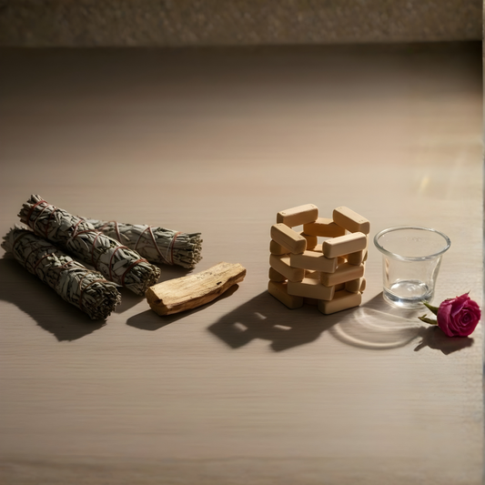 Collage of a palo santo wood stick, sage smudge sticks, and a wooden candle holder