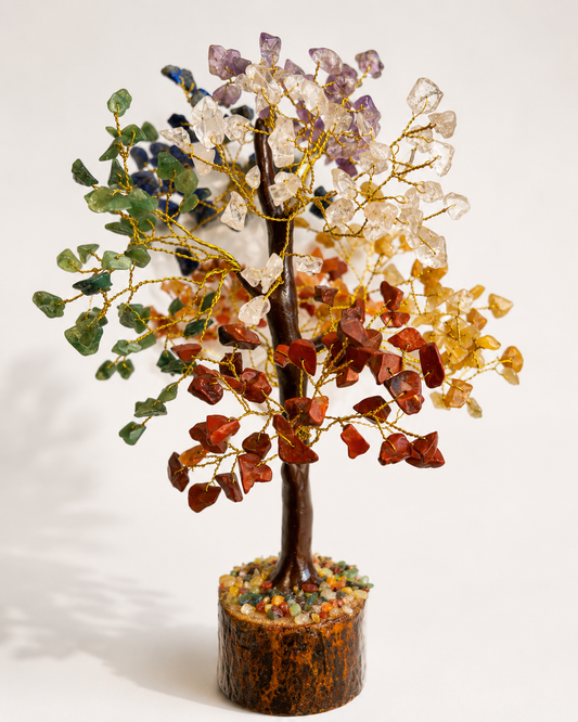 Seven Chakra crystal tree with polished gemstone chips on wood base