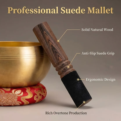 Suede-wrapped wooden singing bowl mallet for playing the rim of a 12cm brass singing bowl