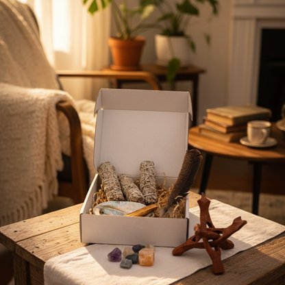 Smudging and crystal cleansing kit in an open gift box with white sage bundles, palo santo sticks and tumbled crystals