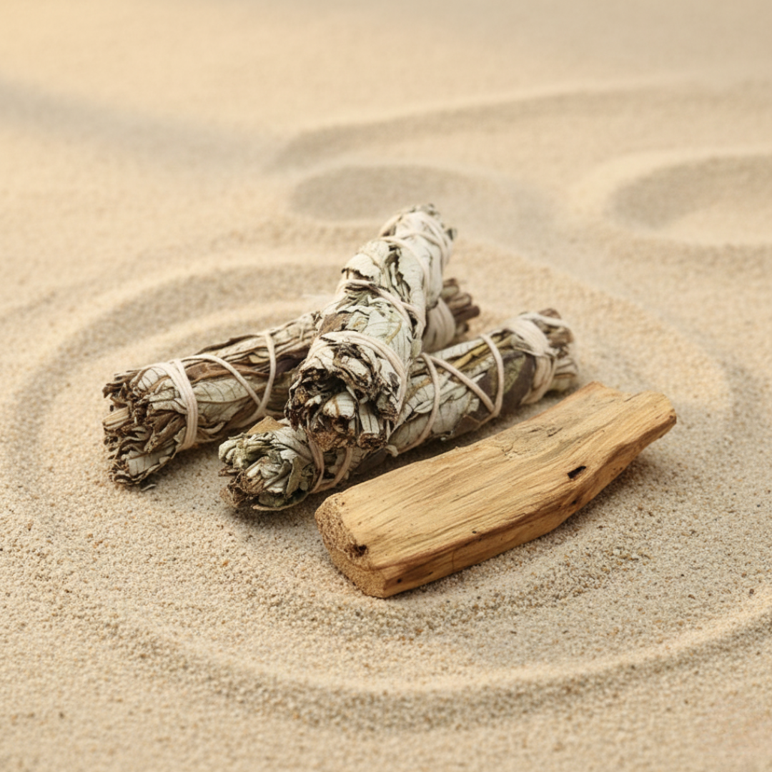 Sage smudge sticks and a palo santo wood stick