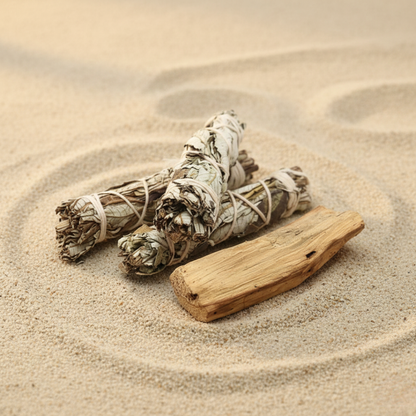 Sage smudge sticks and a palo santo wood stick