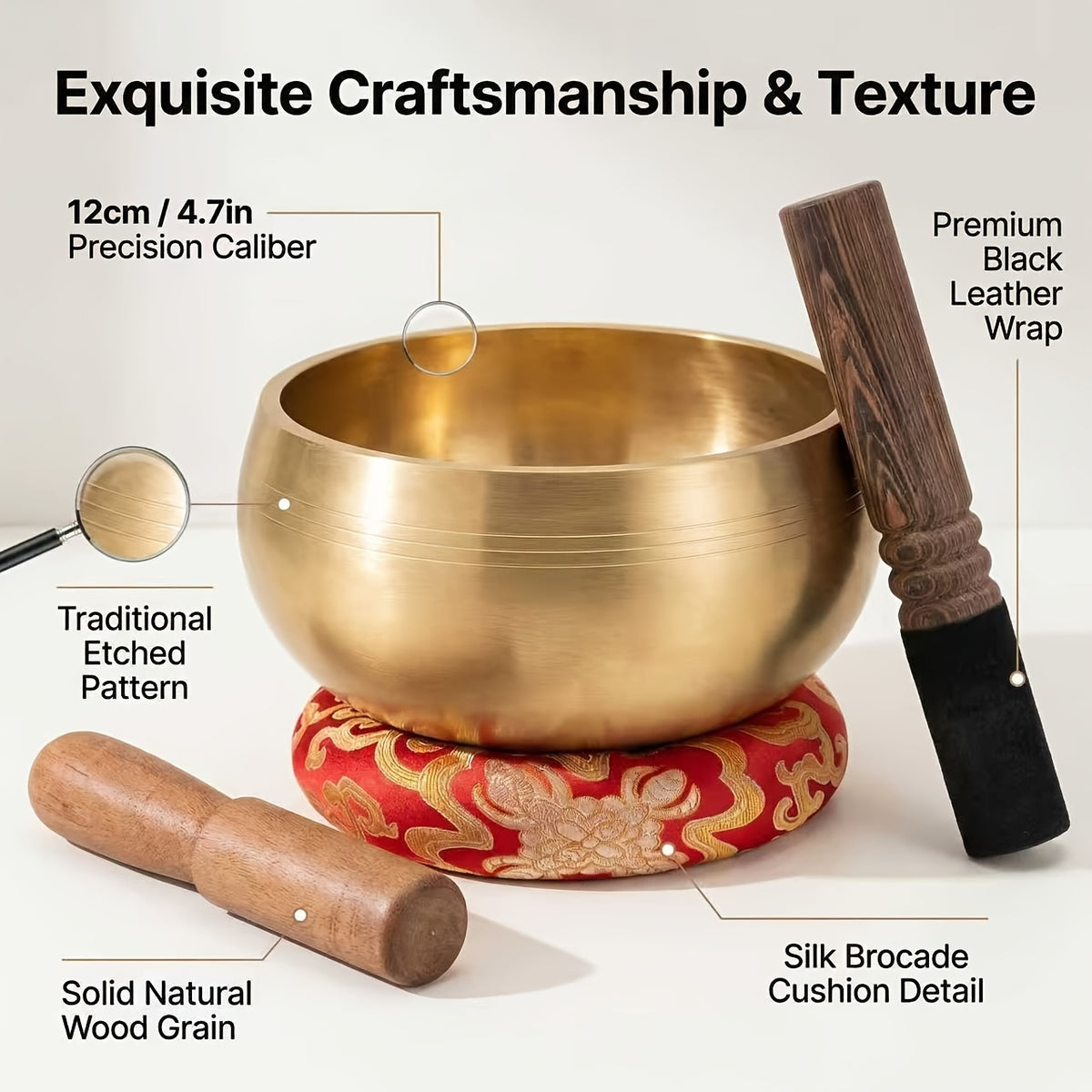 12cm brass Tibetan-style singing bowl with leather-tipped mallet, suede mallet and red silk brocade cushion