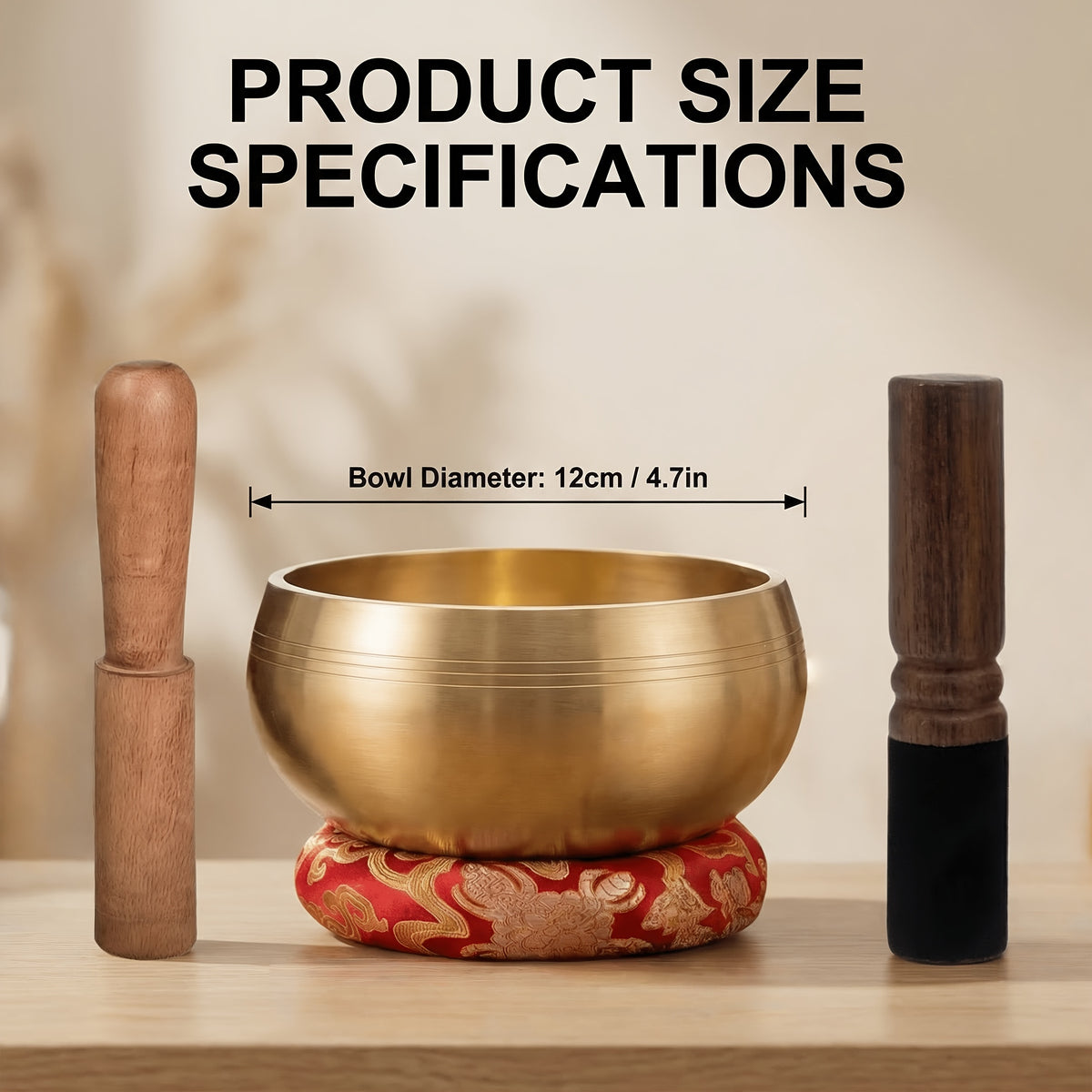 Tibetan-style singing bowl set size guide - brass bowl diameter 12cm (4.7 inches), shown with a wooden mallet