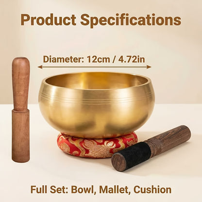 Singing bowl set specifications - 12cm brass bowl, two mallets and silk cushion included