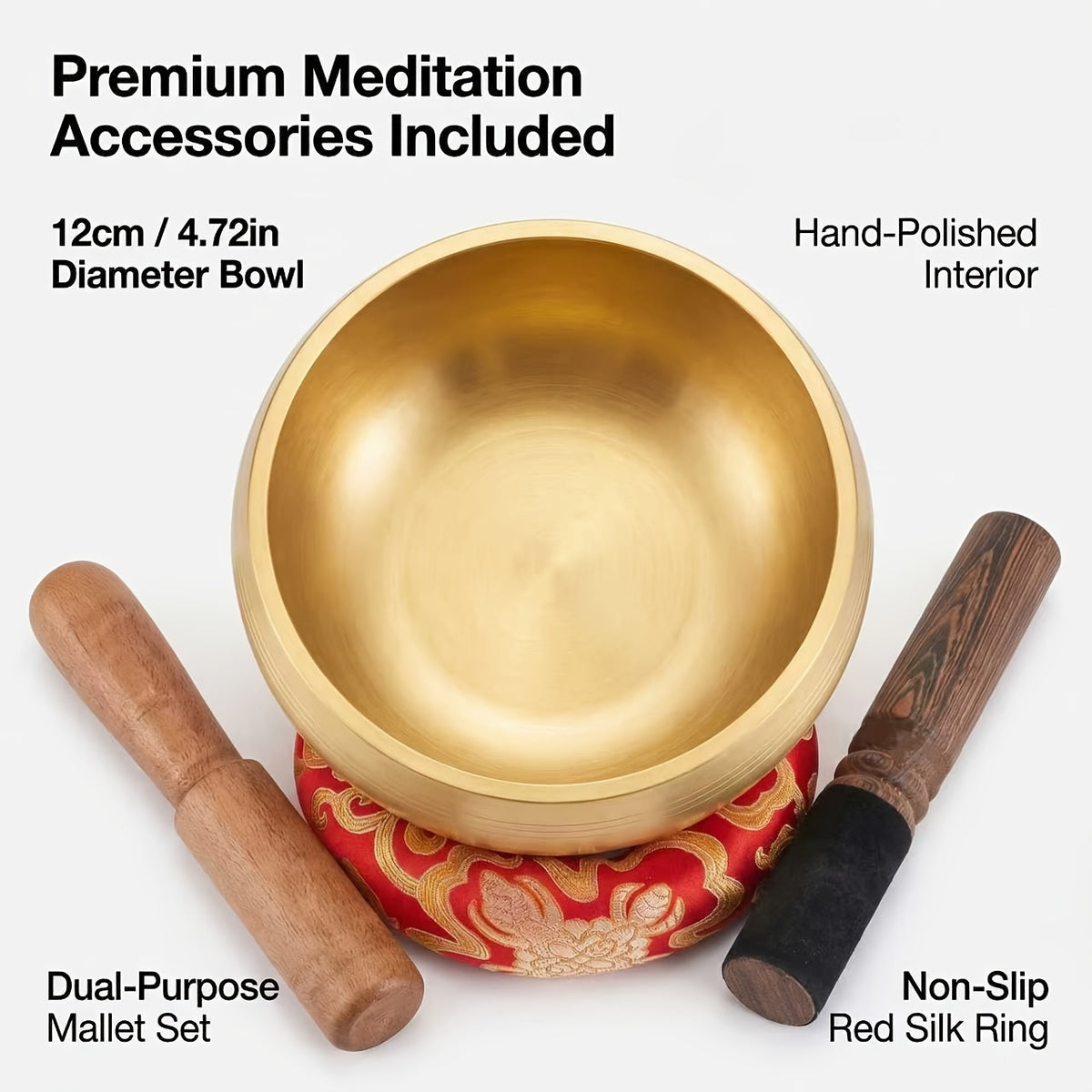 What comes with the singing bowl set - 12cm brushed brass bowl, two mallets and red silk ring cushion