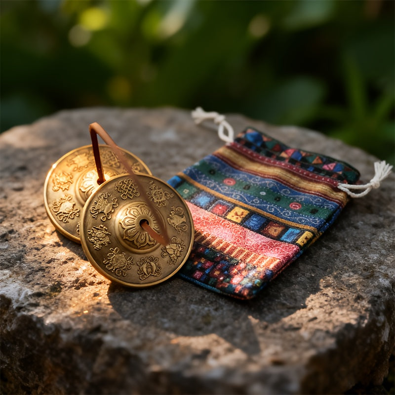 Tibetan Tingsha Cymbals - 6.5cm Eight Auspicious Symbols Meditation Bells