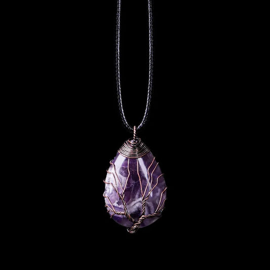 Tree of Life pendant necklace in natural purple amethyst, teardrop shape on a black cord