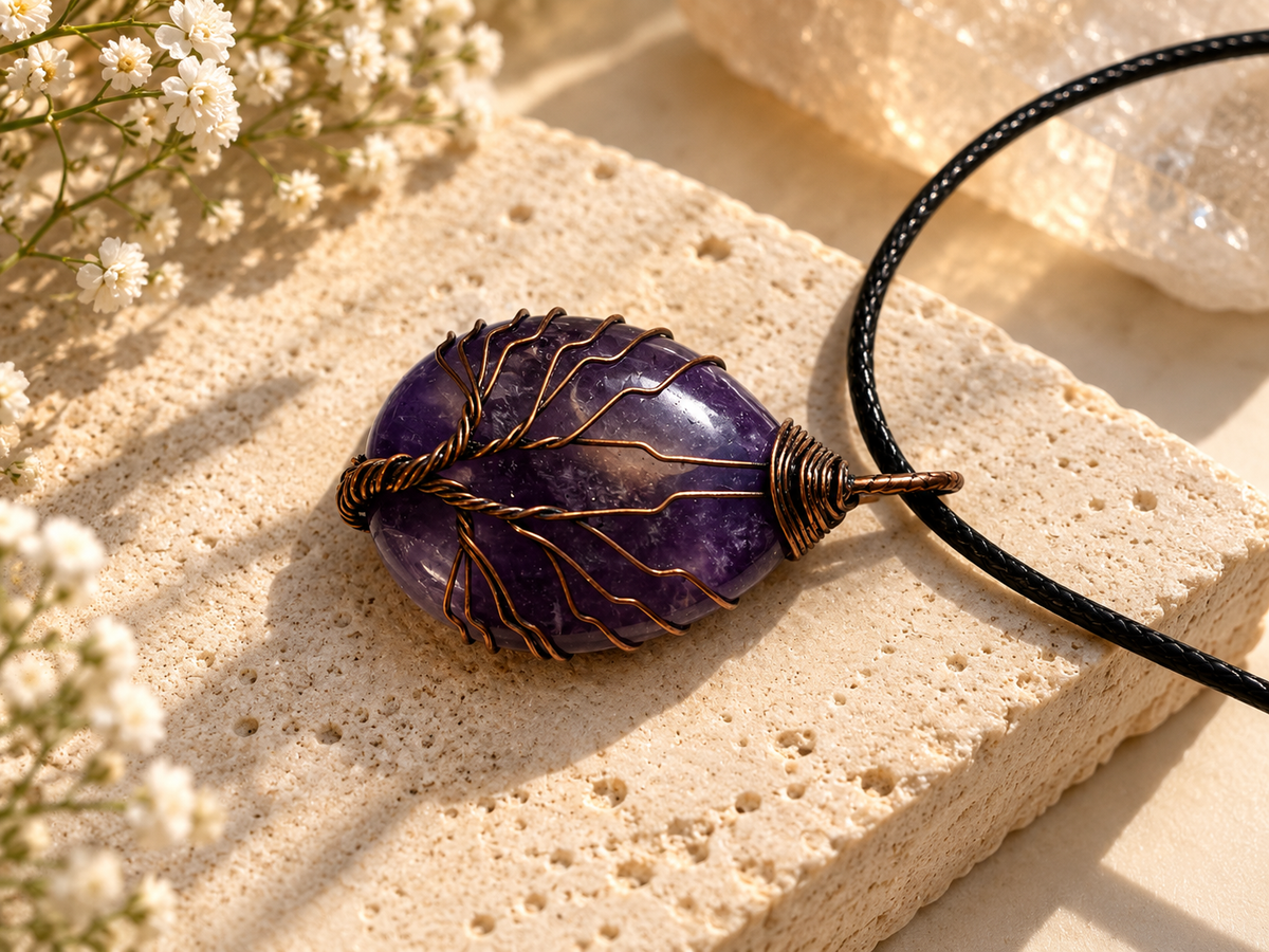 Tree of Life pendant necklace with a single wire-wrapped amethyst teardrop