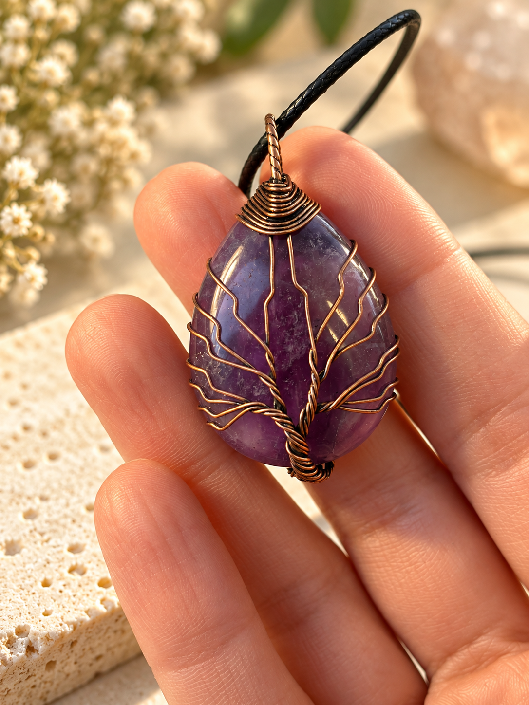 Amethyst Tree of Life pendant necklace, handmade and unisex