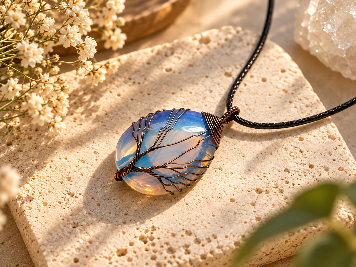Tree of Life pendant necklace with a single wire-wrapped opal teardrop