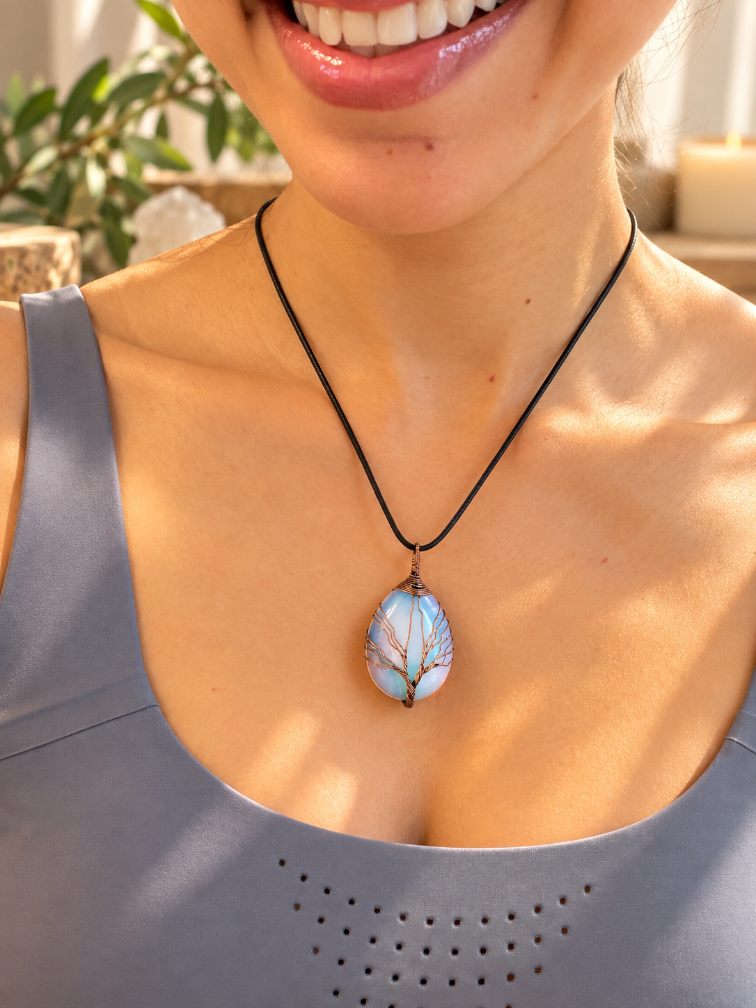 Close view of the hand-shaped wire branches on the opal Tree of Life pendant