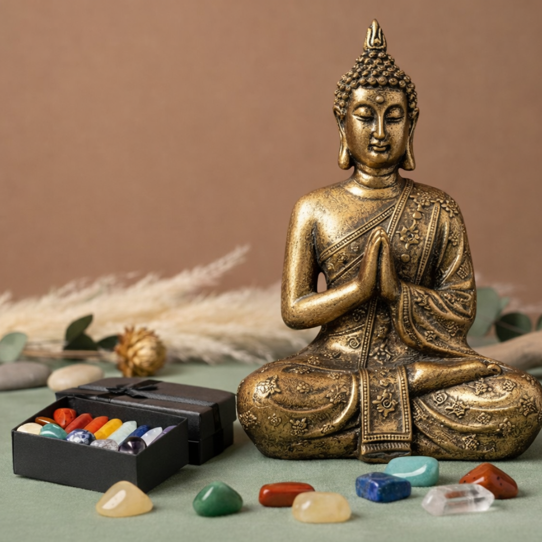 Buddha statue with a box of  crystals