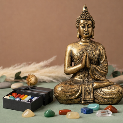Buddha statue with a box of  crystals