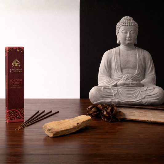 Buddha statue with incense, and palo santo wood stick