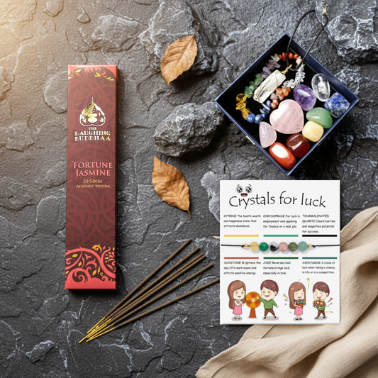 Jasmine incense sticks with a box of crystals and crystal bracelet on surface